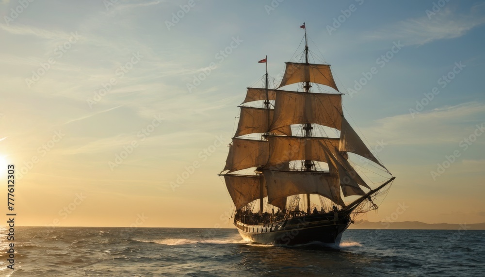 A grand sailing ship glides across calm waters under a golden sunset, sails full, evoking adventure and exploration.