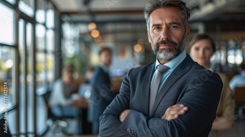 corporate leadership: handsome CEO executive with crossed arms in modern office