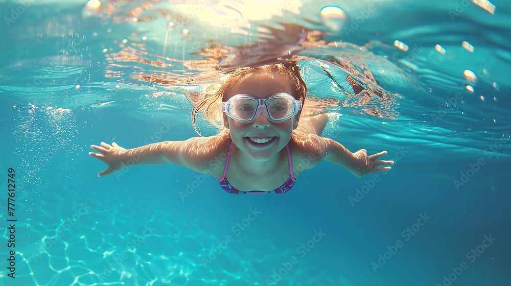 cheerful young girl enjoys swimming and diving underwater in pool. child engaged in swimming lessons during summer vacation