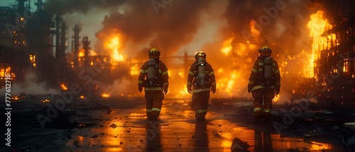 Firefighters use highpressure water spray to extinguish oil refinery fire Burnt factory. Concept Firefighting, Oil Refinery, High-pressure Water Spray, Extinguish Fire, Burnt Factory