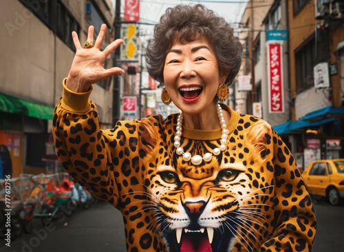 Osaka’s auntie wearing a leopard print sweatshirt. 