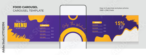 Modern Food menu social media carousel template. Instagram carousel template for food menu. Creative and minimalist food menu design. EPS vector illustration.