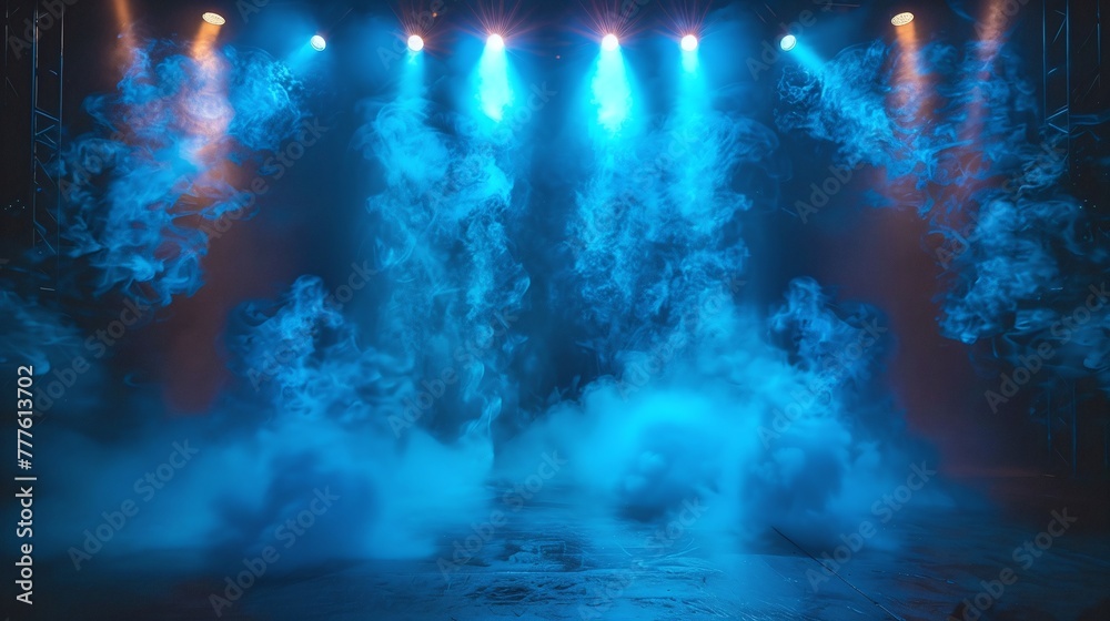 electrifying stage event highlighted by intense blue lights and drifting smoke against black background