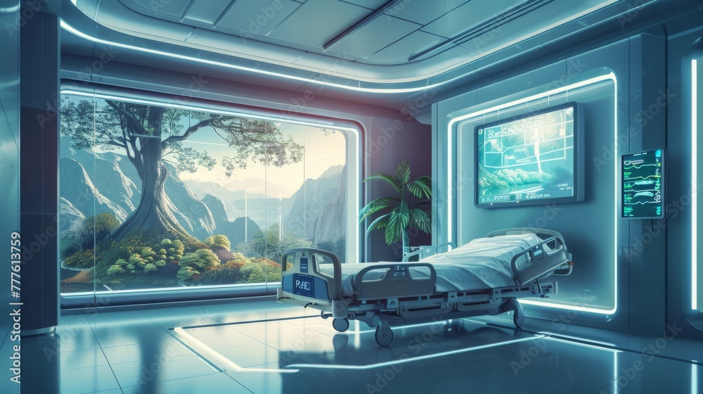 Obraz premium Futuristic hospital room with a scenic view, blending technology with comfort, ideal for sci-fi media.