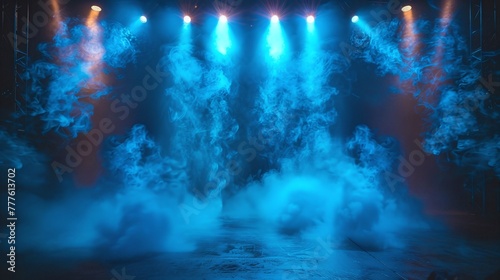 electrifying stage event highlighted by intense blue lights and drifting smoke against black background