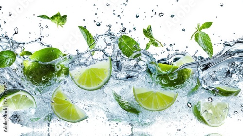 Fresh lime wedges and mint leaves splashing into crystal clear water, capturing the essence of freshness, ideal for a beverage advertisement., white background