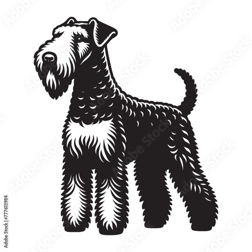 Airedale Terrier, Waterside Terrier, Bingley Terrier, Irish Red Terrier. Dog. Beautiful engraving monochrome vector illustration. Icon, logo, isolated object