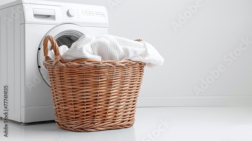 white laundry basket with washing machine for household chores, laundry equipment for household hygiene