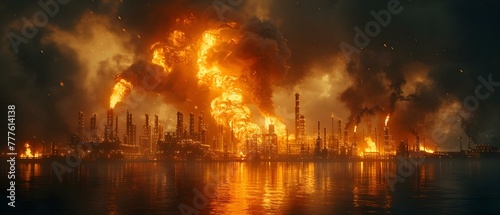 Crisis at Large Oil Refinery: Fire Threatens Plant's Safety. Concept Oil Spill Containment, Emergency Response Plan, Environmental Impact Assessment