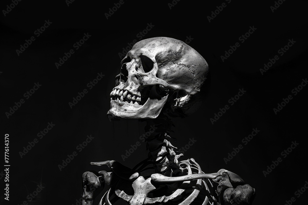 A skeleton is shown in a black and white photo A skeleton is shown in a black and white photo