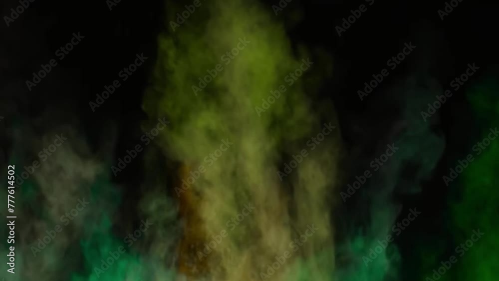 Profile view of green, yellow colored powder bouncing and splashing.