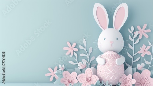 A paper rabbit is holding a colorful Easter egg and a beautiful flower to celebrate the happy event of Easter. The creative arts of plant and organism adaptation can be seen in this artwork AIG42E