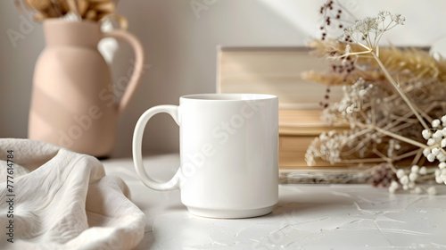 mockup white mug closeup with daylight on light background boho style