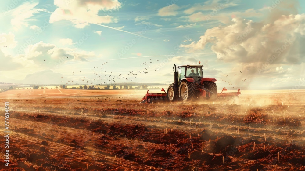 Fototapeta premium Farmer in a tractor equipped with a plow, actively turning the soil in a large field