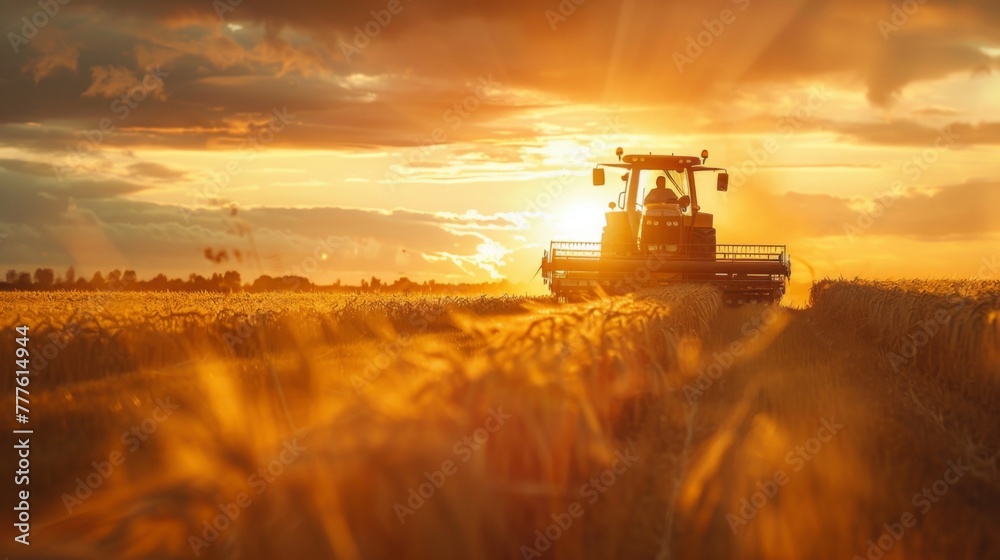 Fototapeta premium Sunset view where a farmer is seen operating a harvester in a field, with golden light casting long shadows