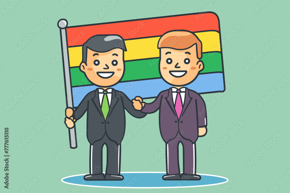 Progressive businessman and businessman proudly display a rainbow flag, symbolizing their workplace's commitment to diversity, inclusion, and creating a safe space for LGBTQ+ employees
