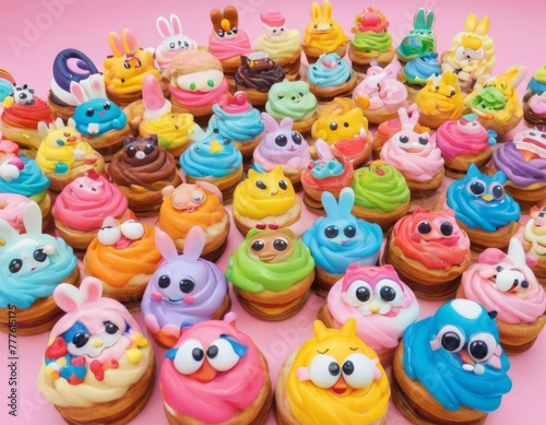 A whimsical array of animal-themed cupcakes in pastel colors, adorably decorated, perfect for children's parties or creative dessert presentations © video rost
