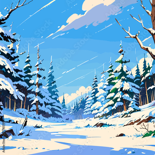 Winter landscape featuring a snowy forest background