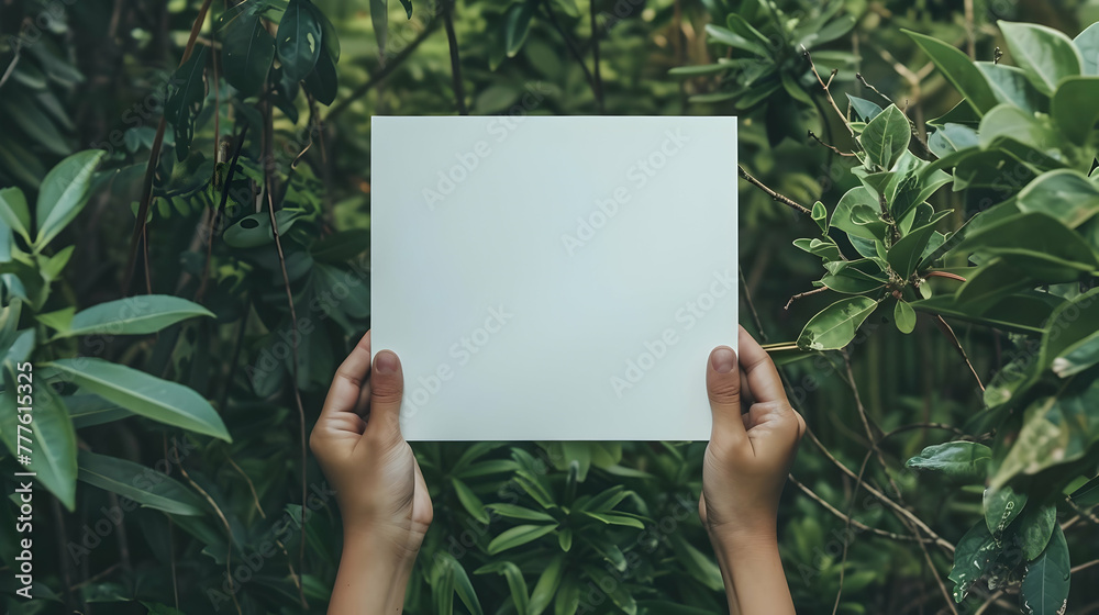 leaflet with space for text in defense of nature, mockup white leaf on a green background of exotic plants