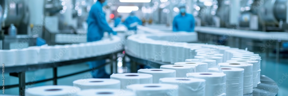 Toilet paper production, where toilet paper rolls are neatly arranged on a conveyor belt Toilet paper production, where toilet paper rolls are neatly arranged on a conveyor belt