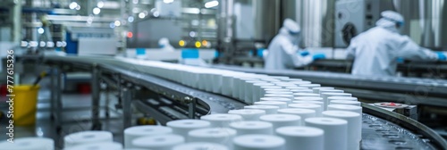 Toilet paper production, where toilet paper rolls are neatly arranged on a conveyor belt