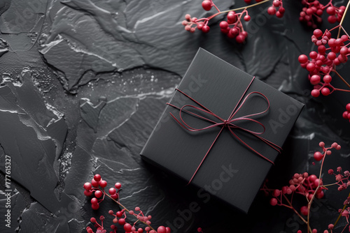 A chic black gift box tied with a crimson ribbon sits atop a textured slate backdrop, accompanied by delicate red berries, suggesting a stylish and contemporary presentation