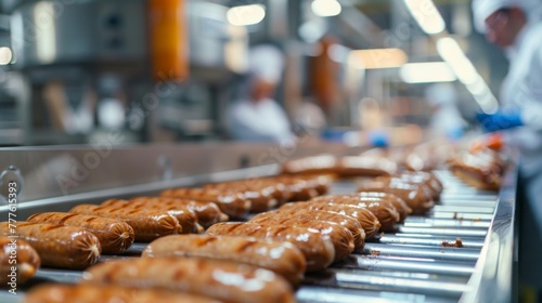 Links of freshly prepared sausages slide along a conveyor belt in a busy workshop
