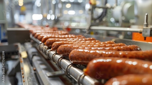 Sausages of different sizes and flavors, which are sorted and aligned on a conveyor belt