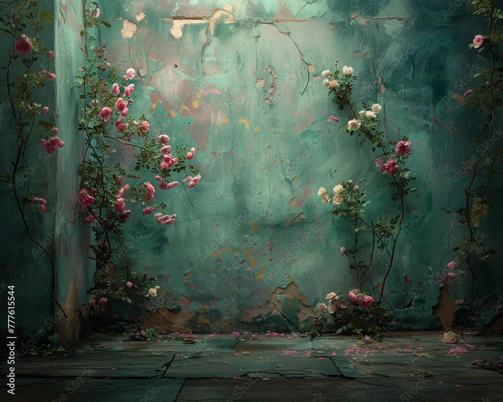Vintage Floral Studio Backdrops - dark teal wall and pink flowers