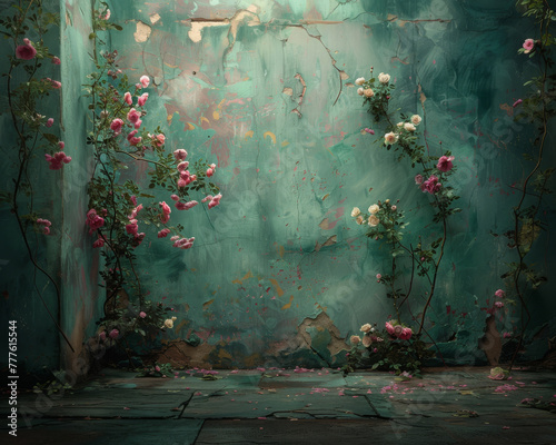 Obraz na płótnie Vintage Floral Studio Backdrops - dark teal wall and pink flowers w salonie
