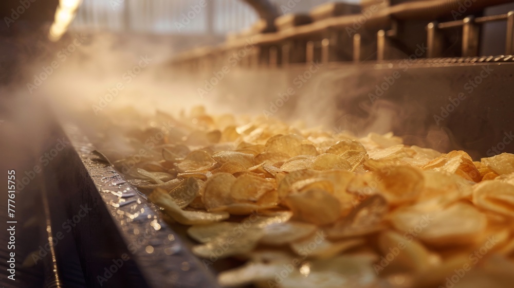 Close-up shot of freshly sliced potatoes being spread out evenly on a large, moving conveyor belt Close-up shot of freshly sliced potatoes being spread out evenly on a large, moving conveyor belt
