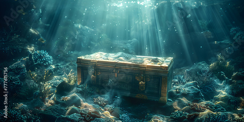 Radiant pirate's treasure shining bright underwater ,a sunken treasure chest covered in barnacles murky water,A treasure chest is under water and the bottom is under water.
 photo