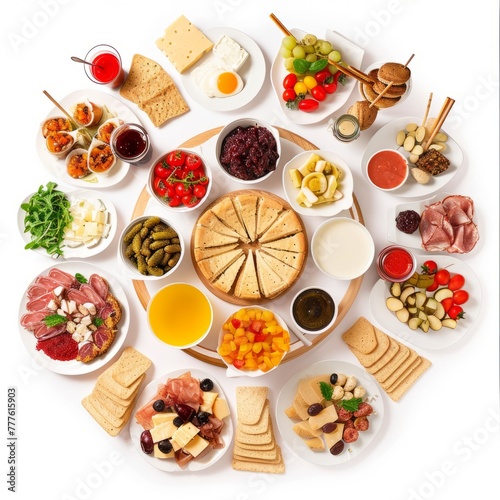 A table with many different foods including a variety of food on a white background 
