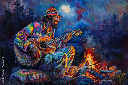 A man in a colorful outfit is playing a guitar by a fire