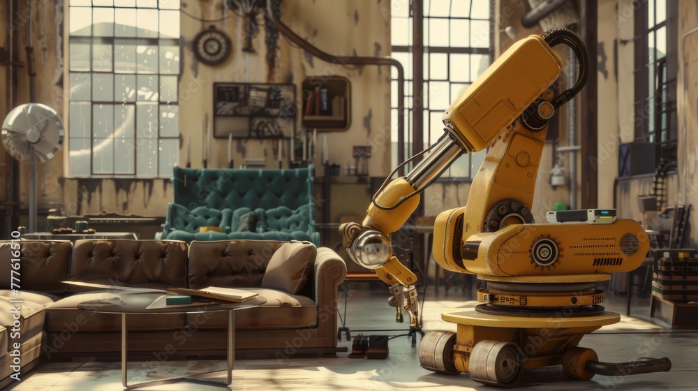 Furniture factory. Automated furniture production. Automated arm. Robot makes furniture