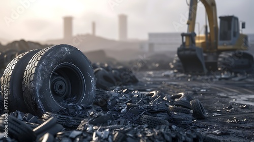 Illustrate the detrimental effects of ecological problems caused by the disposal of black car tires in an industrial landfill. Use AI to emphasize the urgency  photo