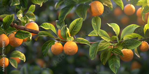 A closeup shot of delicious fresh oranges in a tree,Fresh citrus fruits hanging from a vibrant green tree branch generated by artificial intelligence, Oranges on tree branches texture.