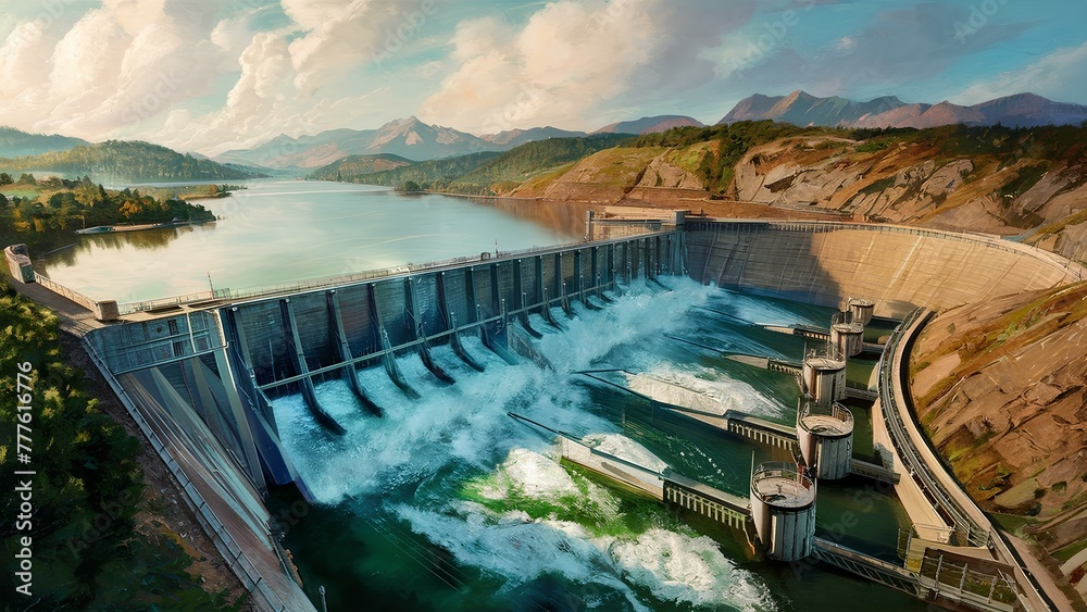 An expansive view of a hydroelectric dam, with water flowing through turbines