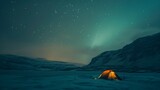 A lone tent bathed in moonlight sits nestled amongst the majestic mountains, in the beautiful nature landscape.