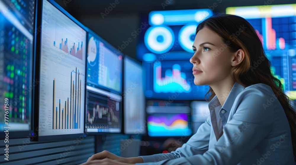 Businesswoman enjoy sitting at computer desk, analyzing business data, lead to success Businesswoman enjoy sitting at computer desk, analyzing business data, lead to success