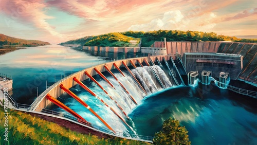 An expansive view of a hydroelectric dam, with water flowing through turbines photo