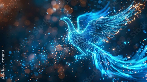 digital blue phoenix bird ,  ai into cybersecurity solutions, the ability to rise from challenges and safeguard digital infrastructures with proactive threat detection and response.   photo