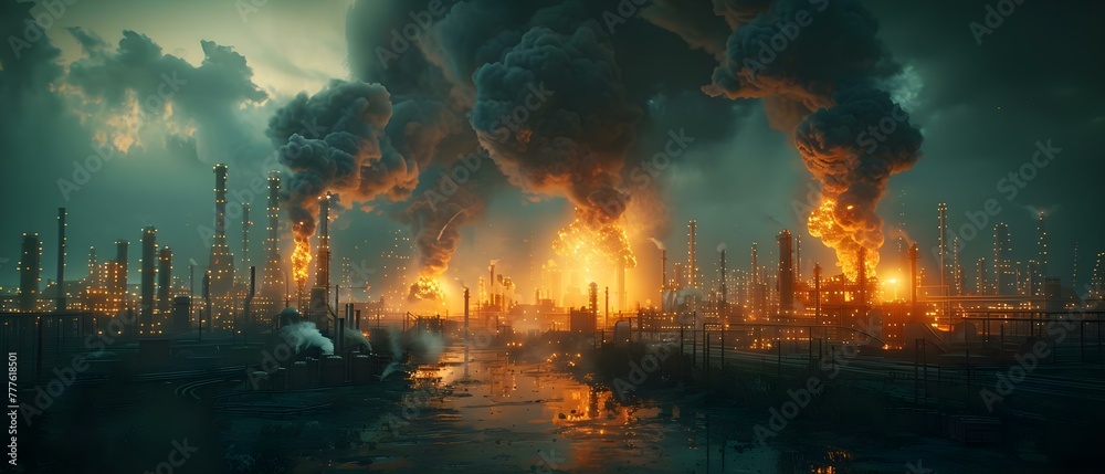 Fire and explosion at oil refinery emitting black smoke. Concept Industrial accident, Oil refinery fire, Black smoke, Emergency response, Environmental impact