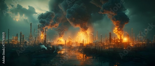 Fire and explosion at oil refinery emitting black smoke. Concept Industrial accident, Oil refinery fire, Black smoke, Emergency response, Environmental impact