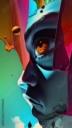 inside of a crazy and creative human mind, imagination of a perfect life, maximalism, colour splashes, connected peaceful human mind, struggles and obstacles