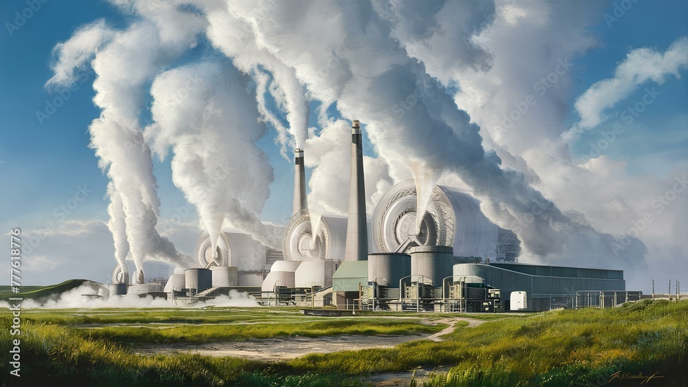 A realistic depiction of a geothermal power plant, with steam rising A realistic depiction of a geothermal power plant, with steam rising