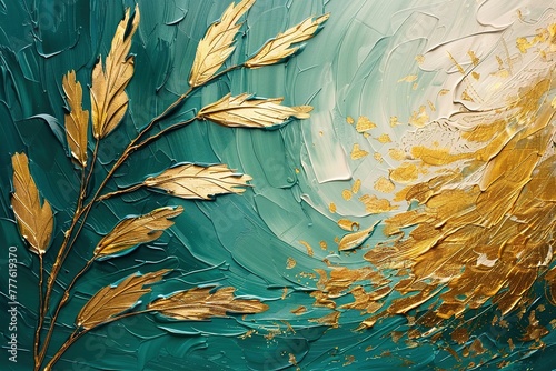 Fototapeta Naklejka Na Ścianę i Meble -  Abstract painting of gold, emerald green, white leaves.