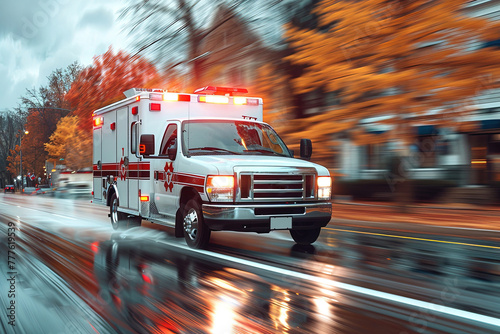 An ambulance is speeding down the street. photo