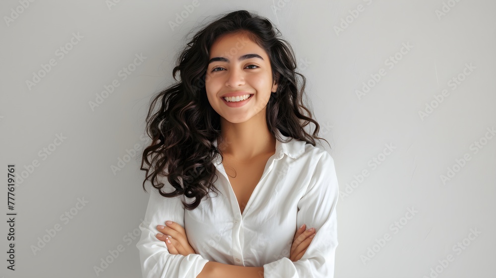 Smiling brunette woman portrait exudes happiness in studio on white background. Smiling brunette woman portrait exudes happiness in studio on white background.