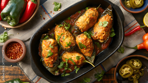 Delicious Cheesy Stuffed Bell Peppers in Tomato Sauce on Wooden Table